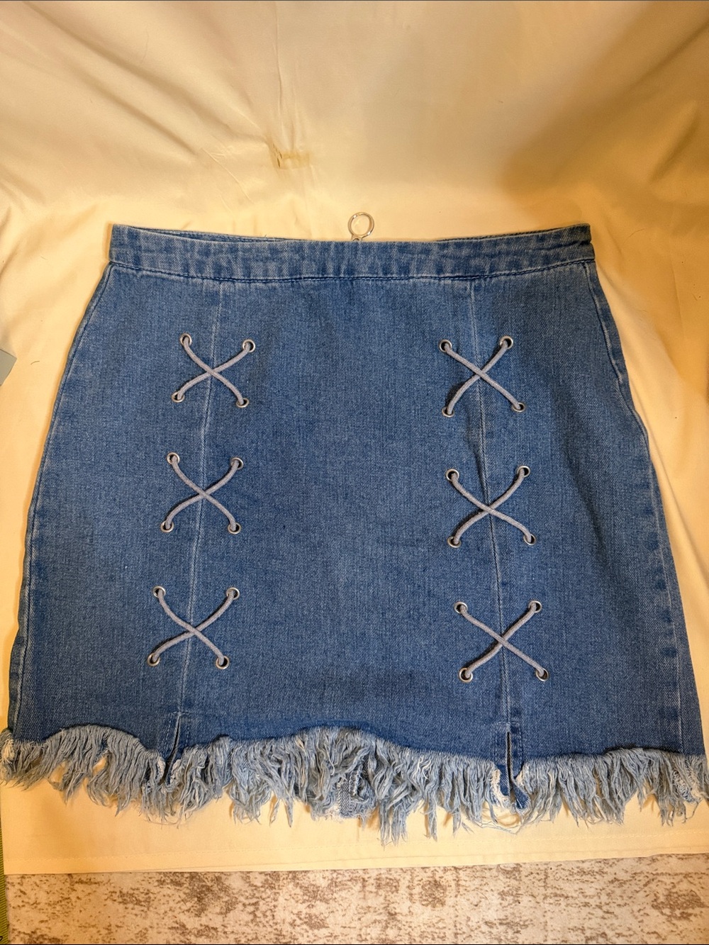 Lace-Up Fringe Denim Mini Skirt - Blue